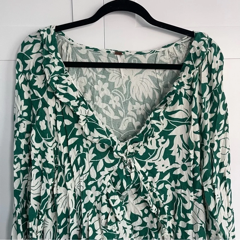Free People Rebecca Floral Ruffle Long Sleeve Casual Green & White Mini Dress L - Picture 5 of 11